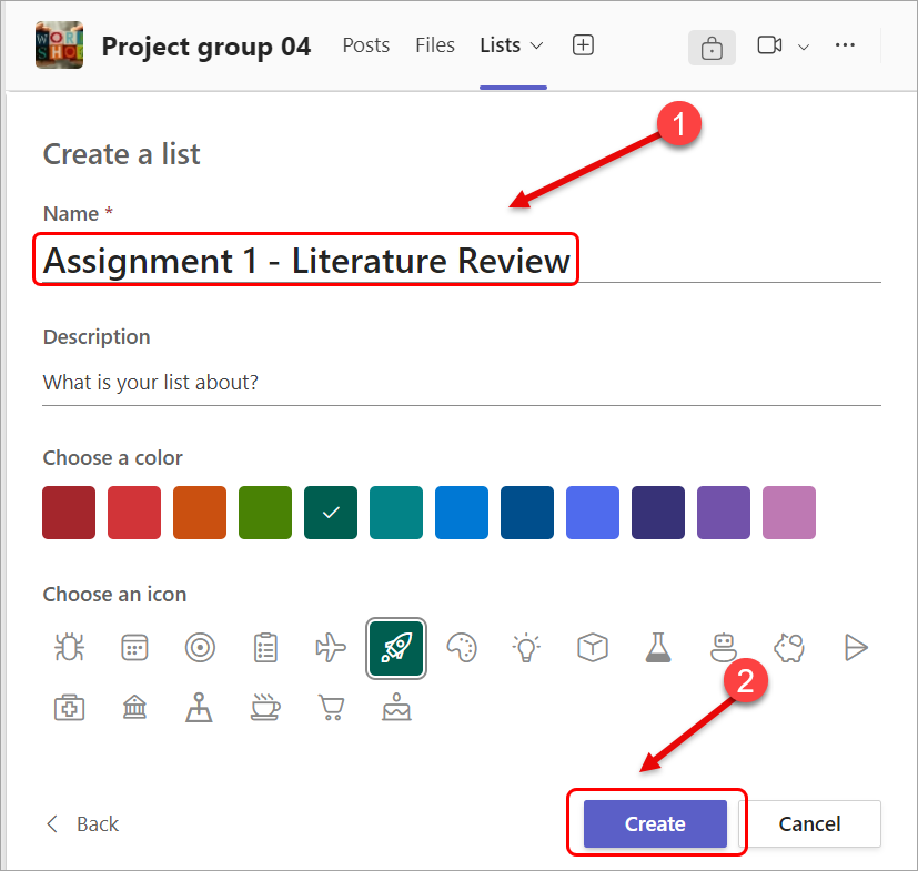 Add a List name, select a colour and click on Create