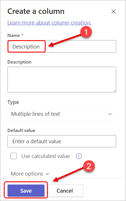 Add the column description and click on Save