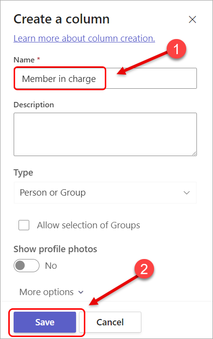 Add a column name and click on the Save button