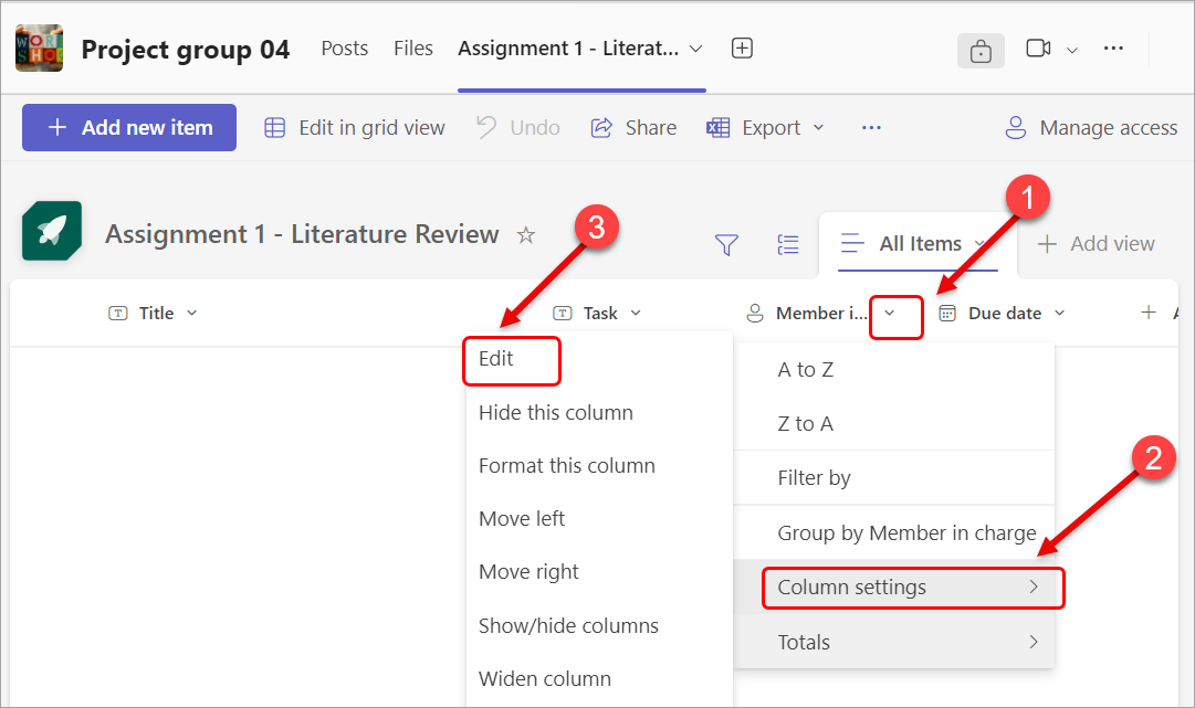 Edit column settings
