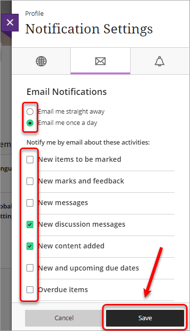 notification options