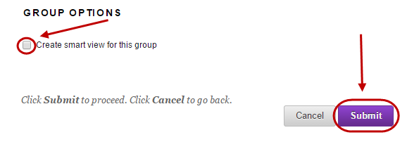 the create smart view for this group and submit button are highlighted