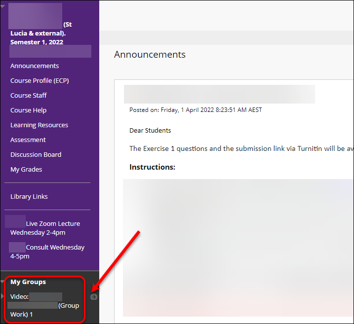 Your group is displayed under My Groups in the course menu