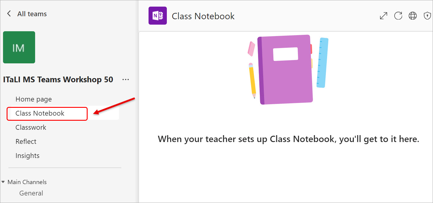 Class Notebook channel is displayed