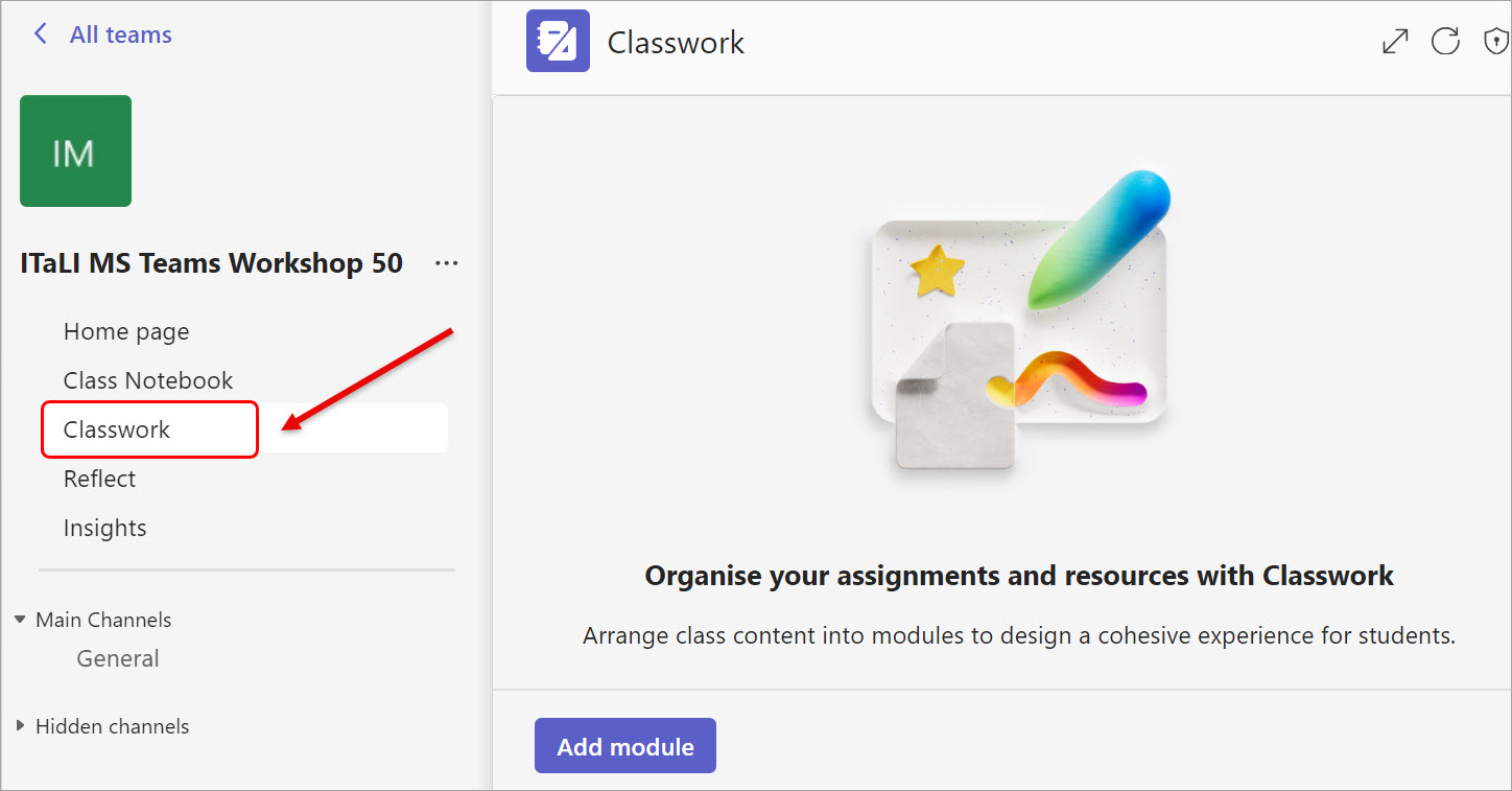 The Classwork channel with the Add module button