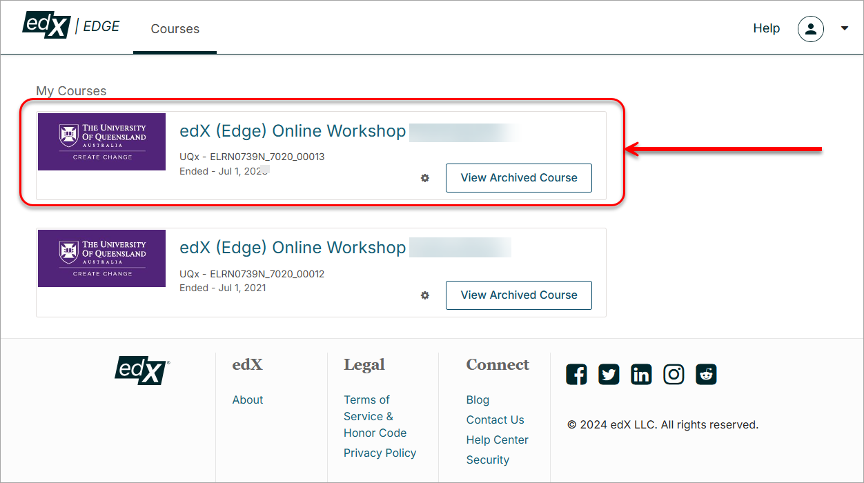 course selected in edX (Edge) UQ Extend dashboard