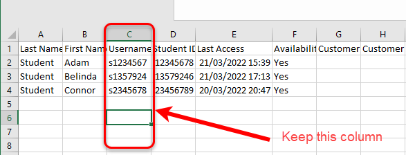 Username column (Column C) circled