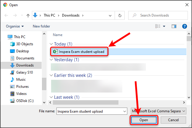 CSV file and open button circled