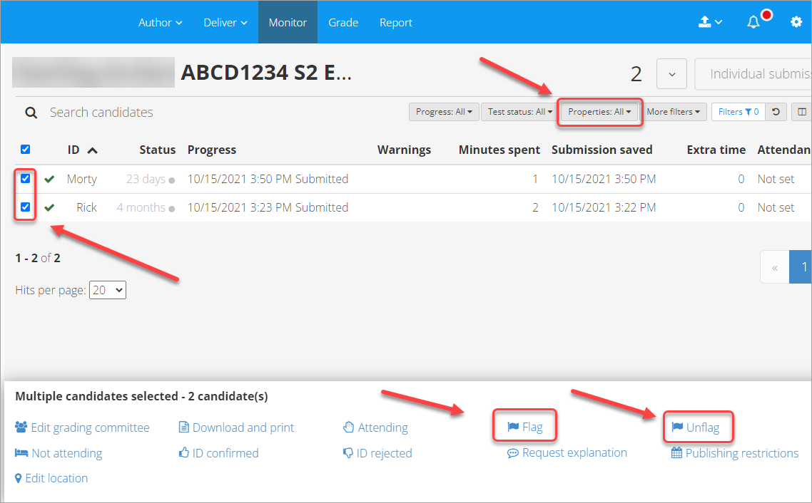 student checkbox selected, flag and unflagged option selected, properties button selected