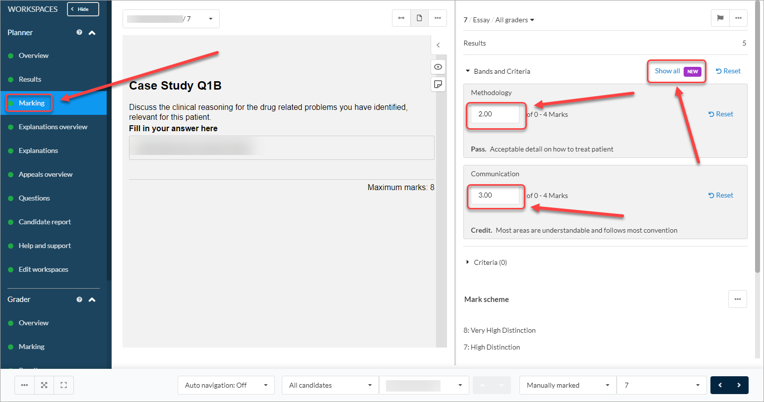 marking tab selected, marks entered in criterion textboxes, show all link selected