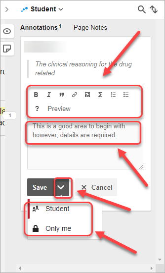 text editor selected, text entered in textbox selected, save dropdown menu selected, student and only me options selectedq