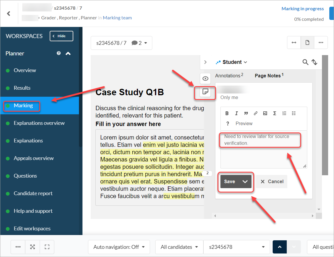 marking tab selected, new page note icon selected, note entered in textbox, save button selected