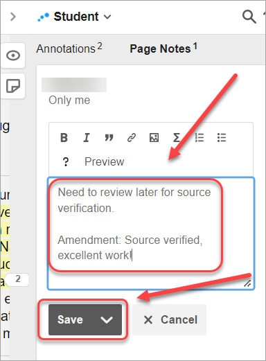 amended question private note textbox and save button selected