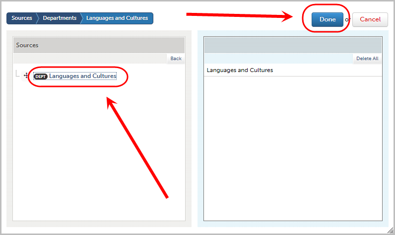 department selected and is in right-hand column, done button selected