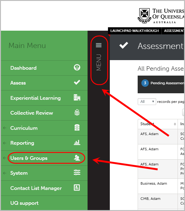 menu selected, users & groups selected