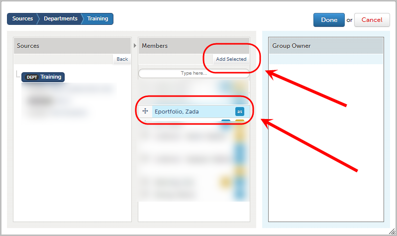 left column showing department, middle column showing members in the department with Zada selected and add selected button selected