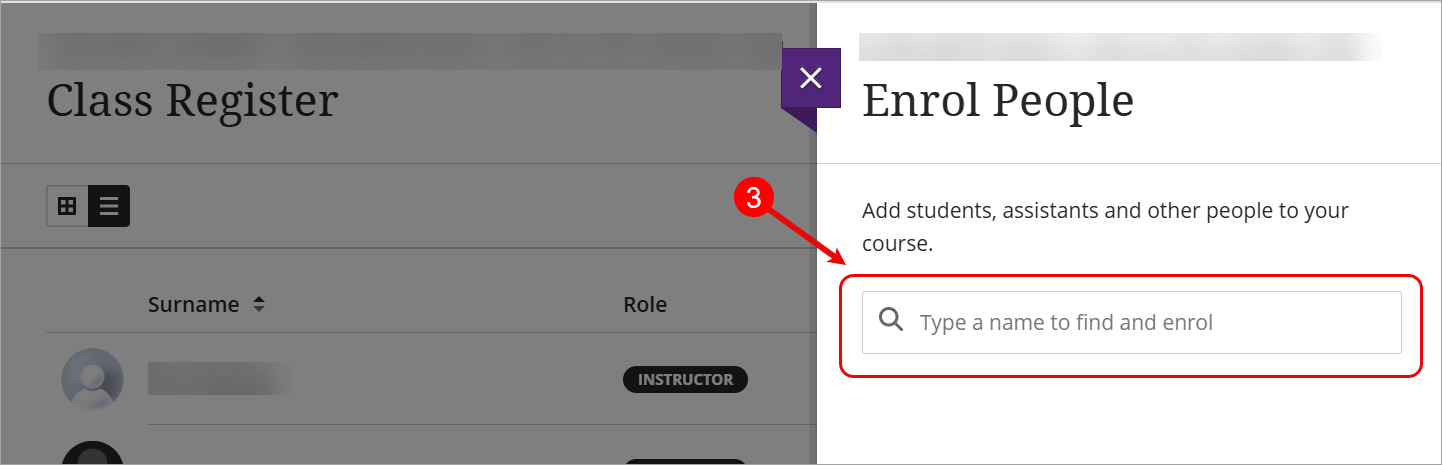 Type a name to find and enrol textbox circle