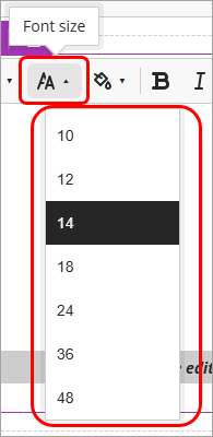 Font size button plus drop-down list options circled