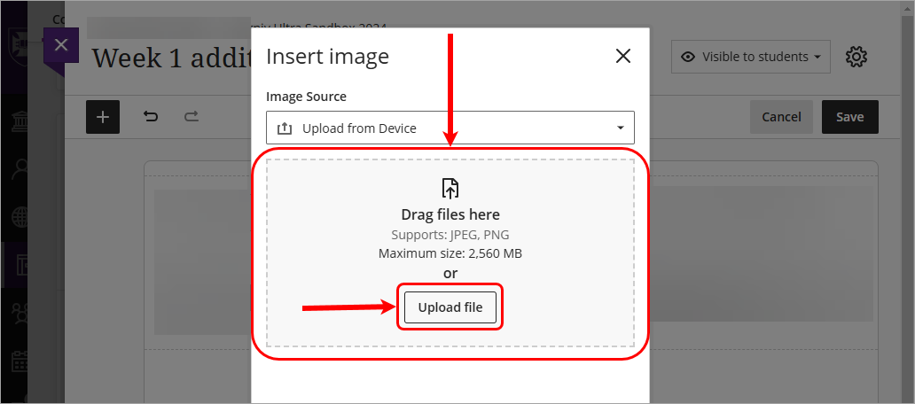 Drag files here box and upload file button circled