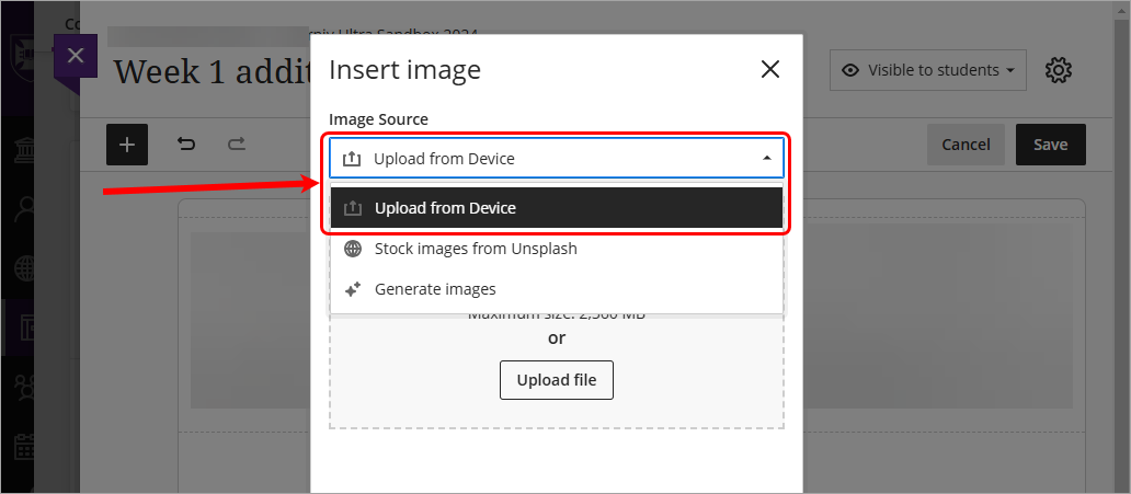 Upload from device circled in drop-down list