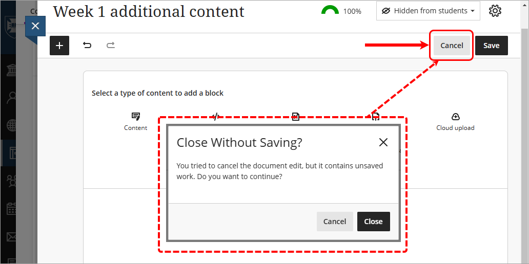 Cancel button circled as well as the Close button.