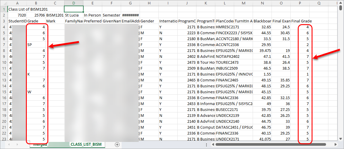 Grade column circled and final mark calculation column circled