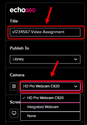 Title textbox and camera drop-downlist circled