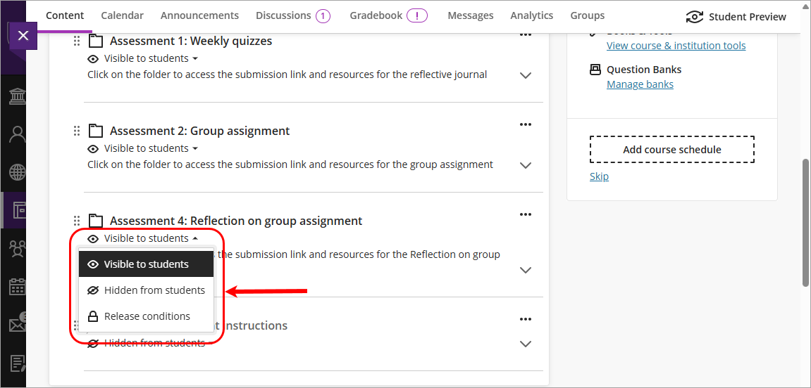 Visibility drop-down list circled
