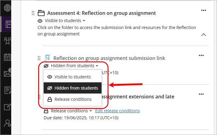 Visibility drop-down list circled