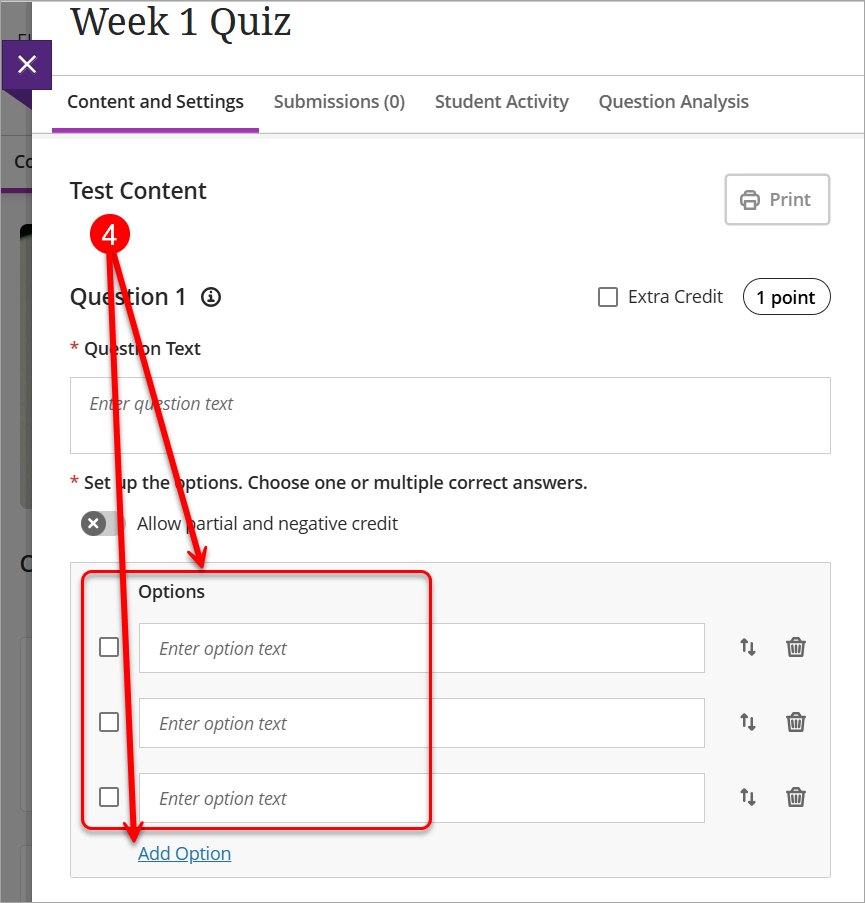 enter possible answers (options)