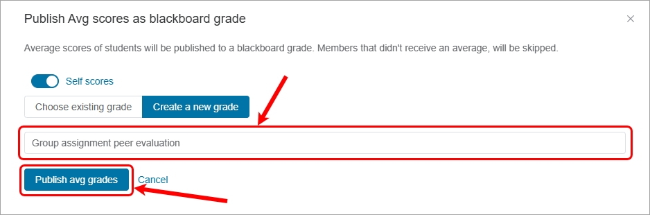 New grade name textbox and Publish avg grade button circled