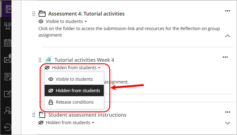 Visibility drop-down list circled