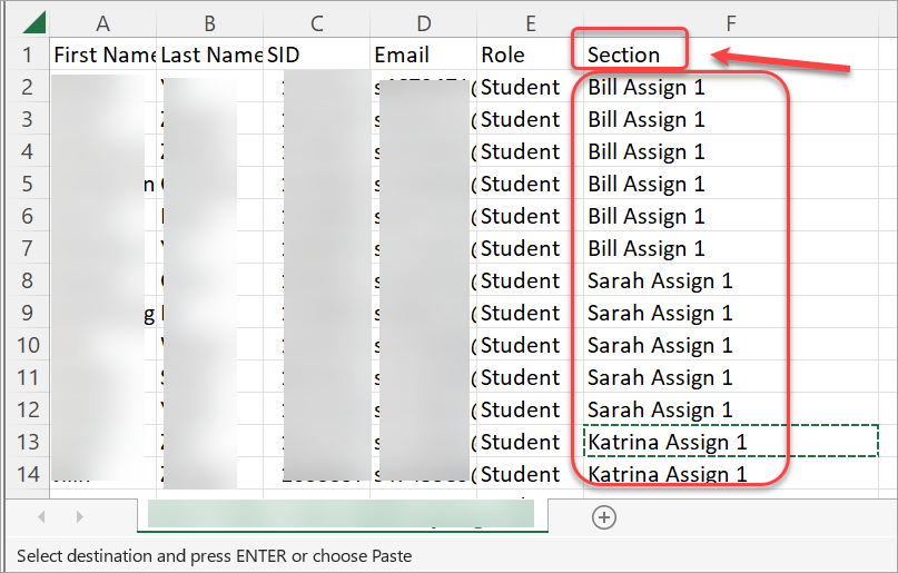 Sections column circled