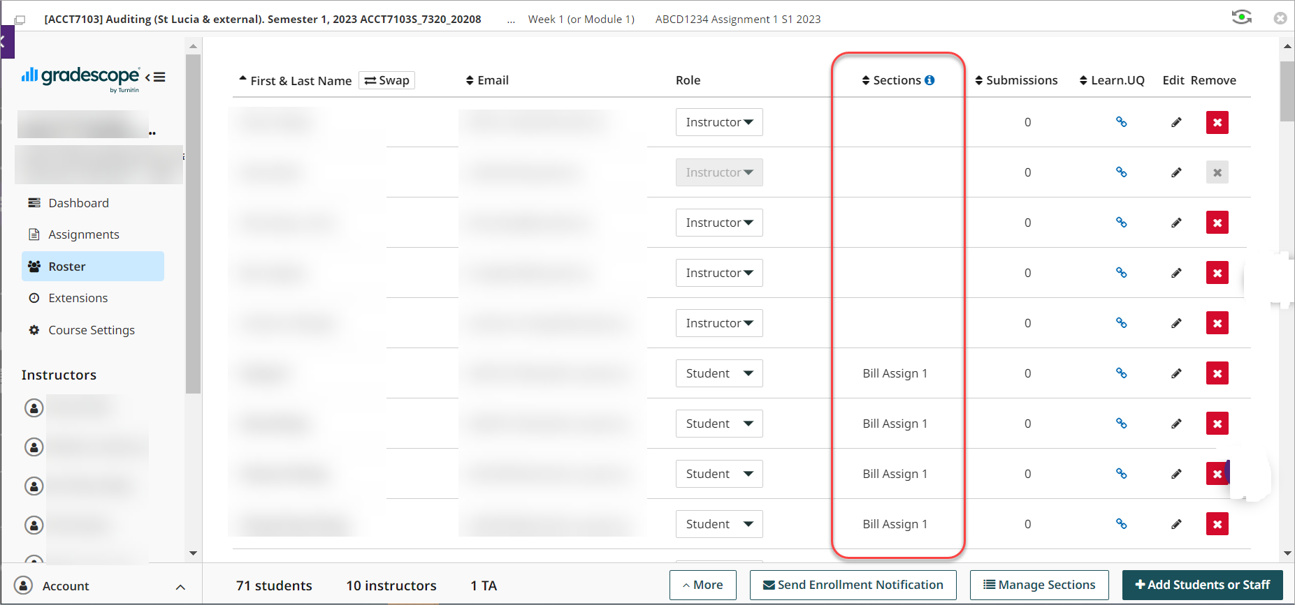 Sections column in gradescope