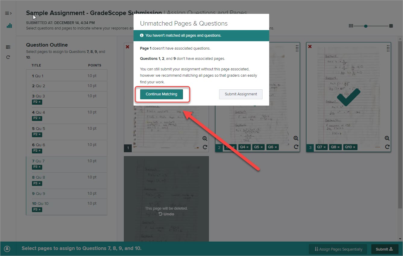 Continue matching button circled