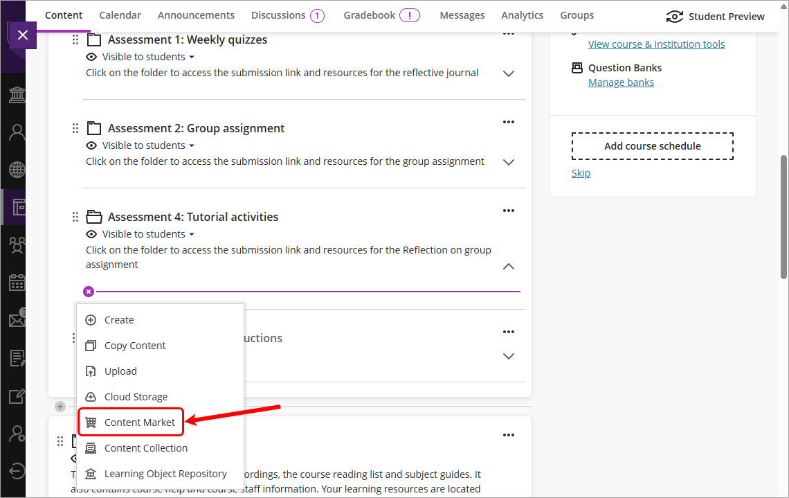 Content market circled in drop-down list