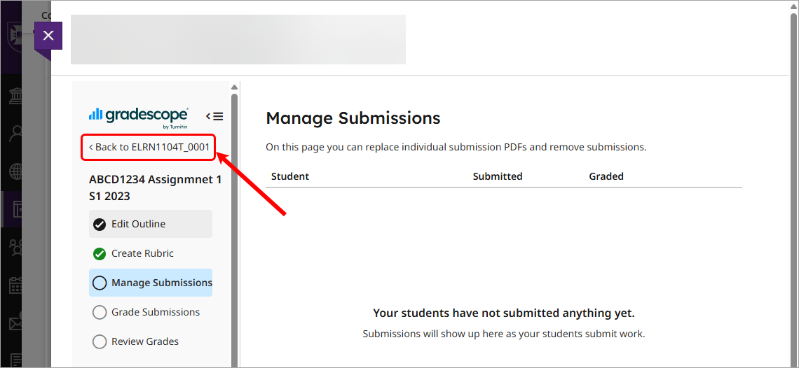 Back to course code link circled