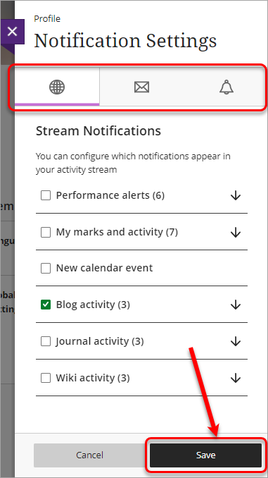 Notification settings tabs circled