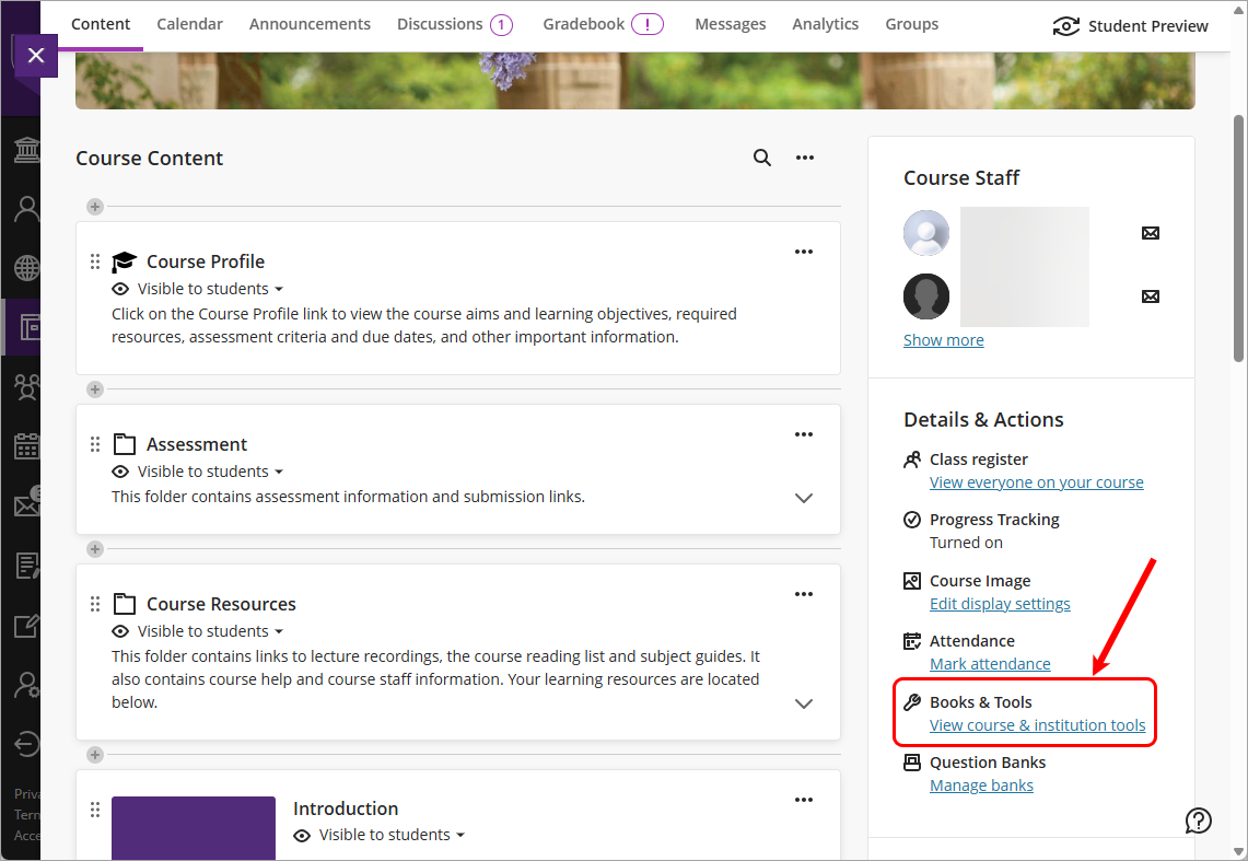 Books & tools circled in the details & action menu