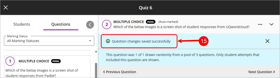 Question changes saved successfully message circled