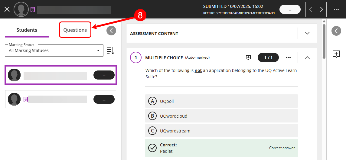 Questions tab circled
