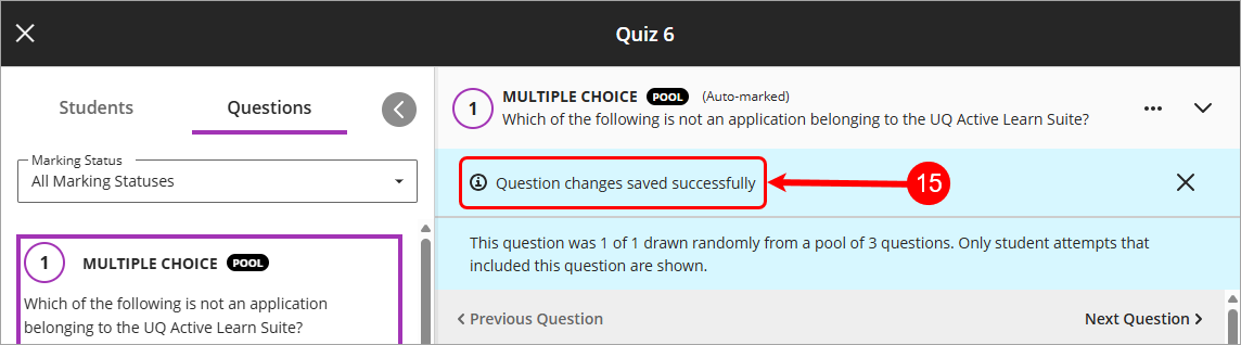Question changes saved successfully message circled