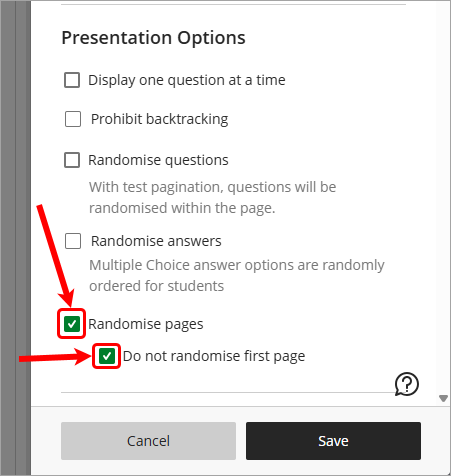 Randomise pages checkbox and do not randomise first page checkboxes ticked