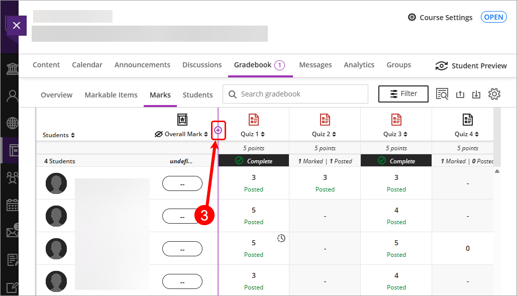 Add new gradebook column (+) circled