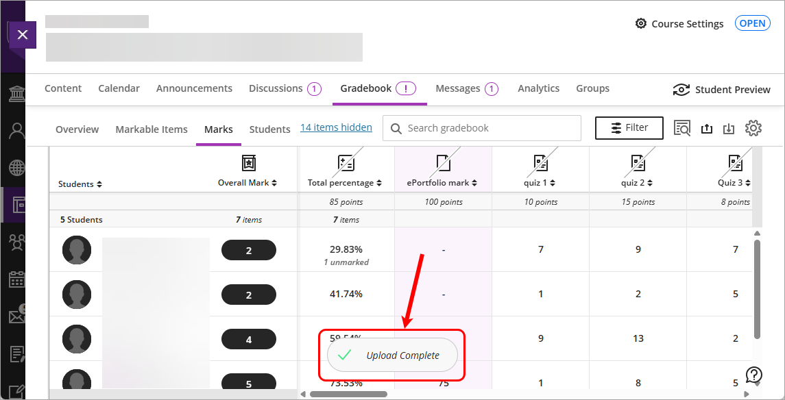 Upload complete message circled