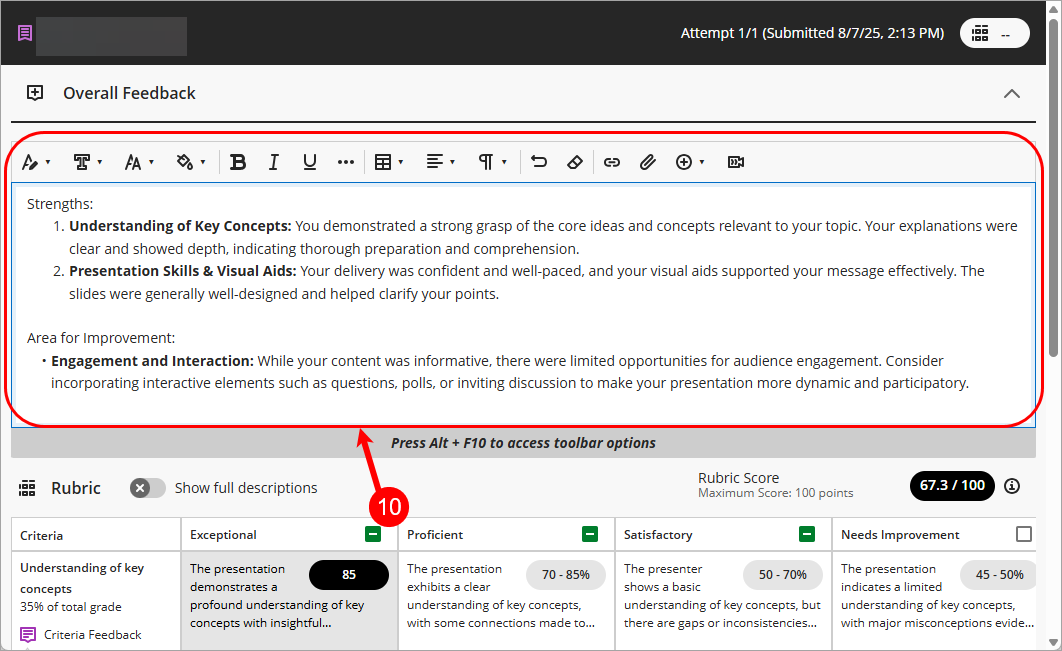Overall feedback textbox circled