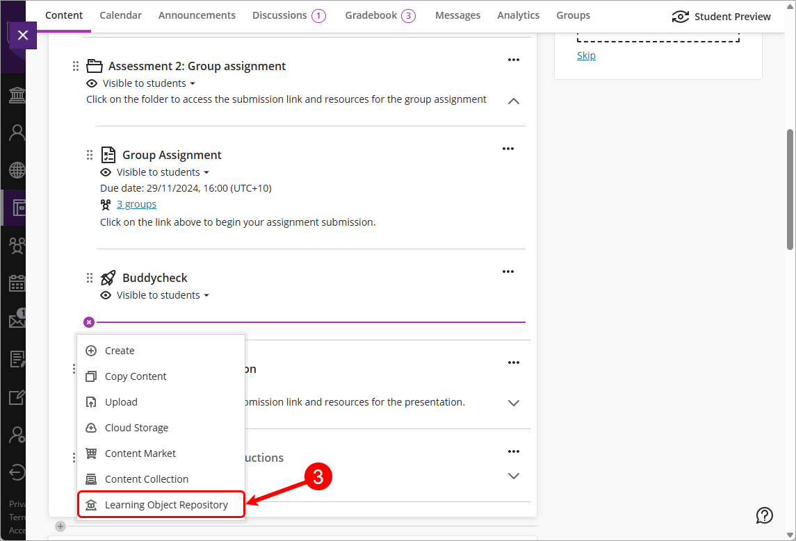 Learning object repository circled in drop-down list