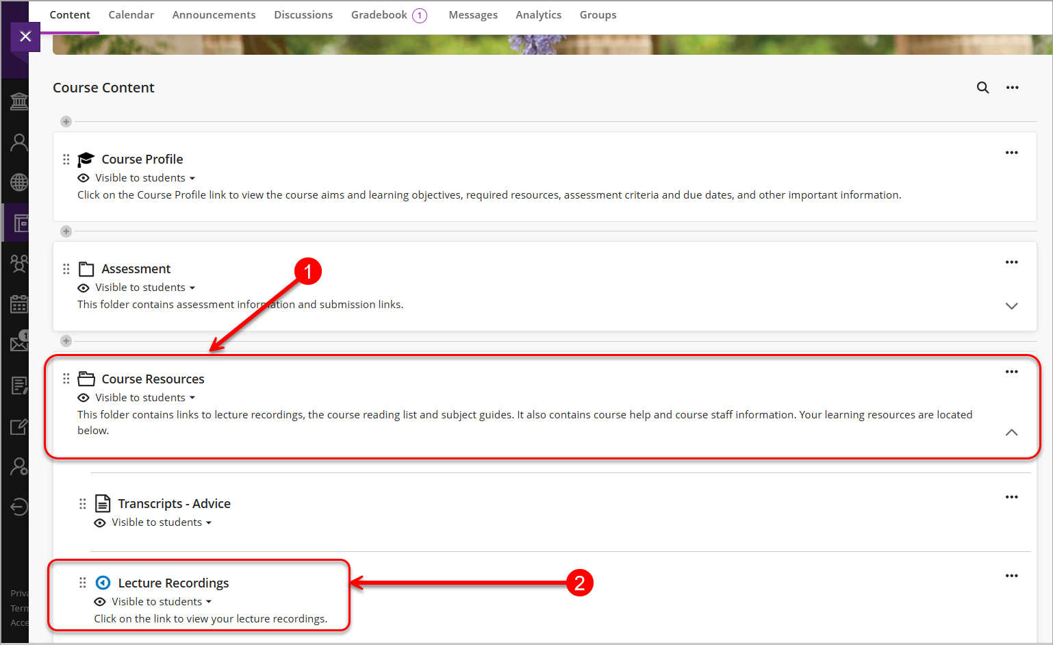 Course resources and Lecture recordings circled