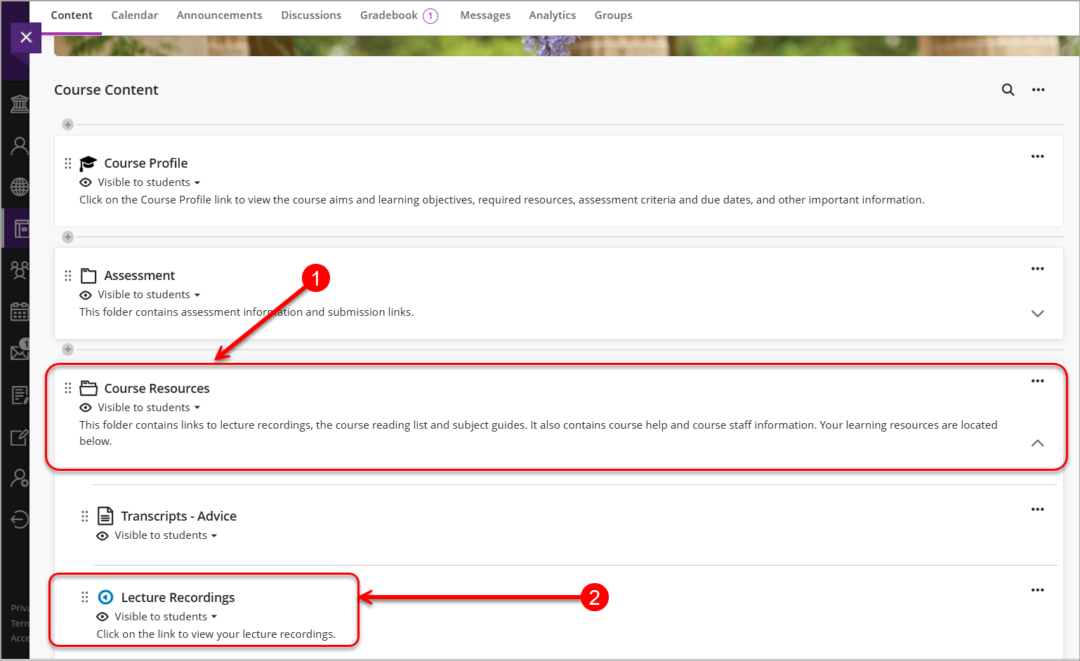 Course resources and Lecture recordings circled