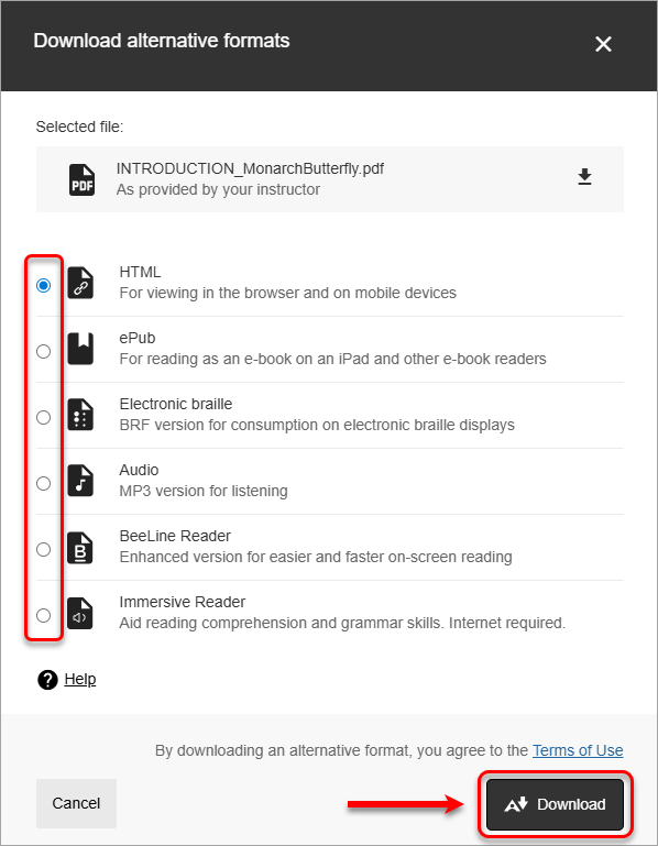 list of alternative format options with download button highlighted